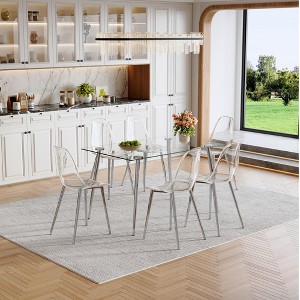 7-Piece Dining Set with Rectangular Tempered Glass Table and 6 Transparent Plastic Chairs - 1 of 4