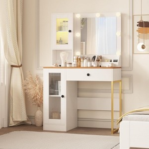 Modern Makeup Vanity Desk with Mirror, Charging Station, Ample Storage Drawers & Acrylic-Door Cabinets, Wooden Dressing Table for Bedroom - 1 of 4