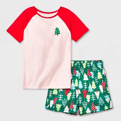 Girls' 2pc Christmas Tree Short Sleeve Top And Shorts Pajama Set