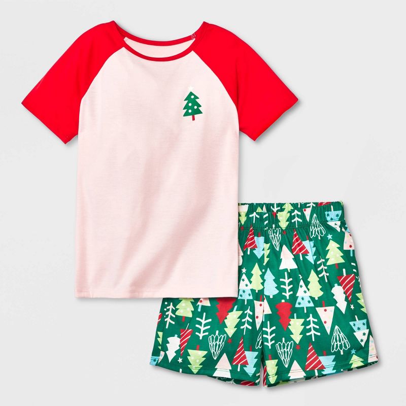 Girls' 2pc Christmas Tree Short Sleeve Top and Shorts Pajama Set - Cat & Jack™ Pink, 1 of 6