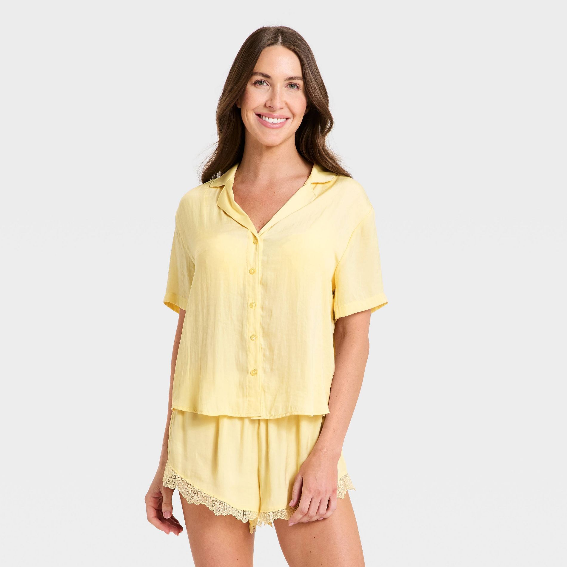 Women's Luxury Collection Satin Notch Collar Top and Lace Trim Shorts Pajama Set - Auden™