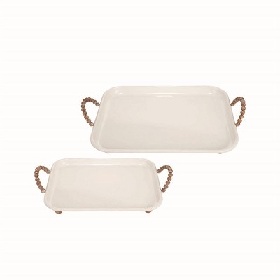 Set of 2 White Enamel Decorative Trays with Wood Bead Handles - Foreside Home & Garden