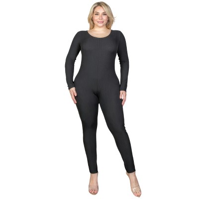 Slickblue Women's Plus Ribbed Jumpsuit, Scoop Neck, Long Sleeve, Soft Stretch Fabric, Black, Size 1XL-3XL