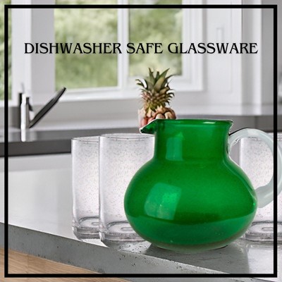 Hand Blown Green Glass Pitcher with Clear Highball Glasses Set
