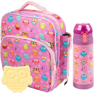 Bentology Kids Lunch Bag Set w Matching Water Bottle & Ice Pack- Pink Yellow Rainbow Owls- Tote, Stainless Steel Insulated Thermos, Hard Ice Pack