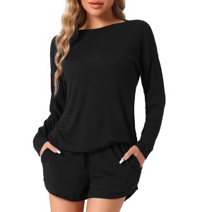 cheibear Women's Long Sleeve Top and Elastic Waistband Shorts with Pockets Pajamas Set - 1 of 4