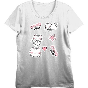Good Vibes Cat Stickers Women's Crew Neck Short Sleeve Top - 1 of 3
