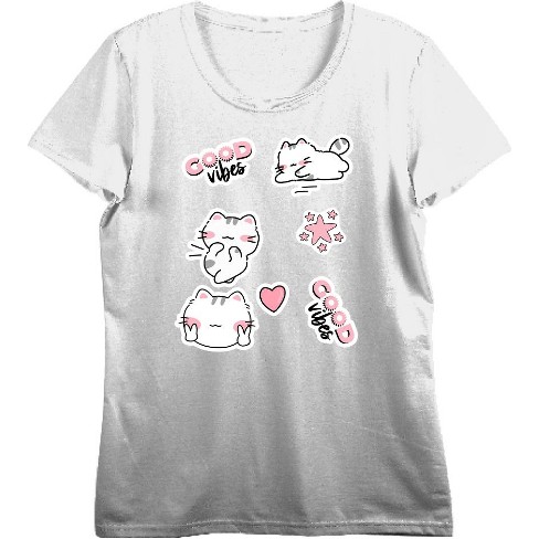 Good Vibes Cat Stickers Women's Crew Neck Short Sleeve Top - image 1 of 3