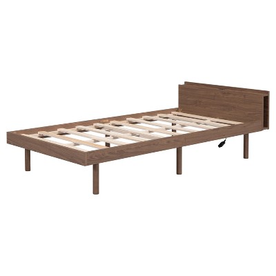 Modern Single Platform Bed Frame with Built-In USB Port - Walnut Color