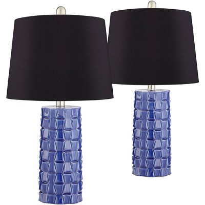 360 Lighting Rico Blue Ceramic Column Black Shade Table Lamps Set of 2