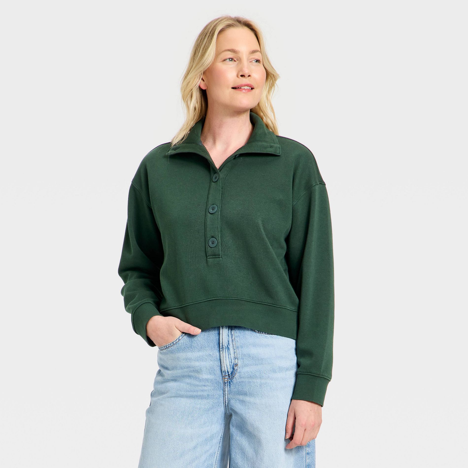 Women's Button-Front Pullover Sweatshirt - Universal Thread™ Dark Green