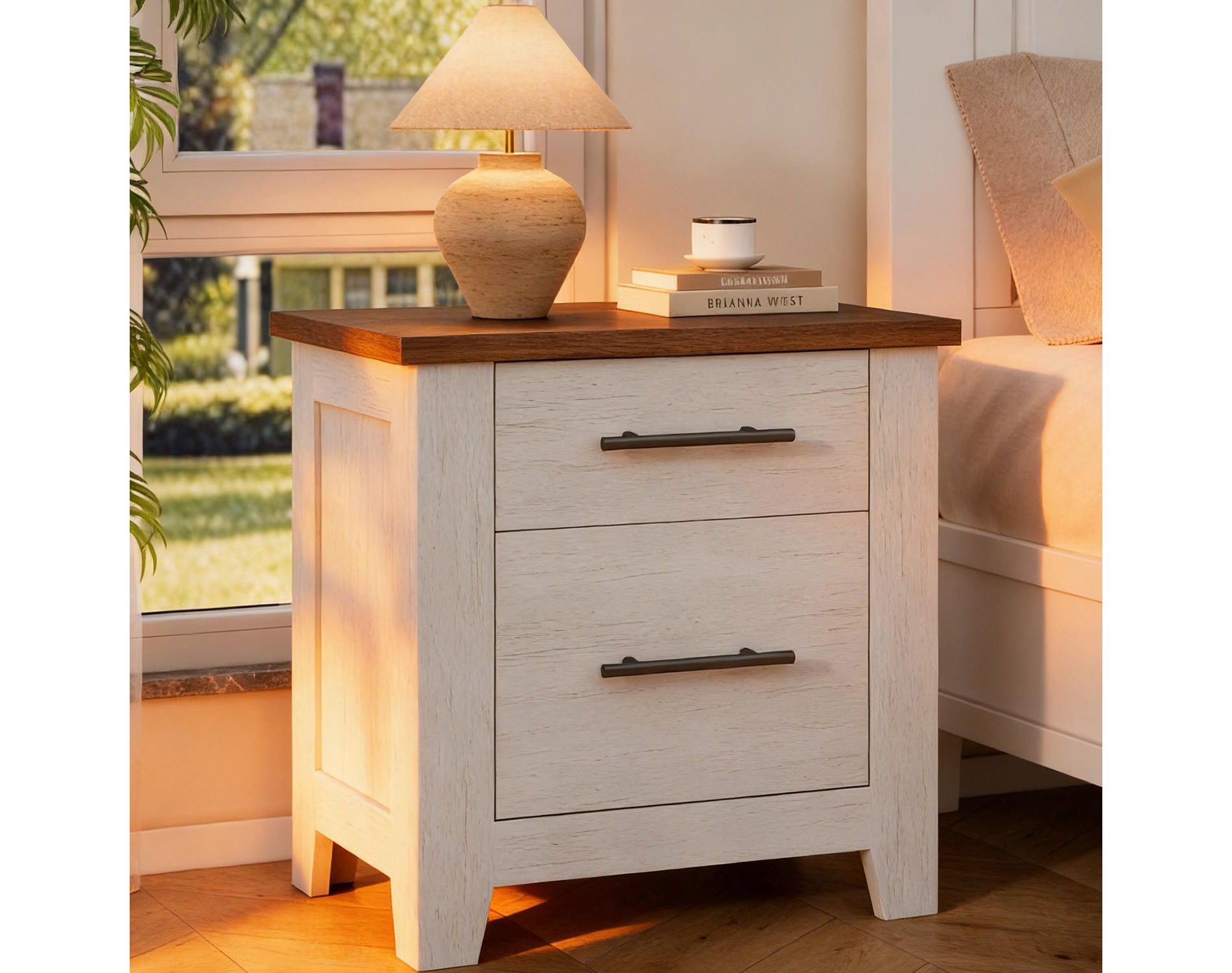 Garvee Nightstand With 2 Drawers, Farmhouse Night Stand With Brown Tabletop, Distressed White , Supports 170 LBS