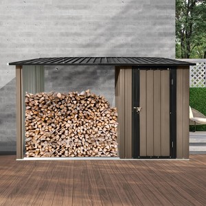 ORRD  Outdoor 2-in-1 Metal Firewood Rack with Storage Shed, Heavy-Duty Galvanized Steel Wood Holder, Brown & Black - 1 of 4