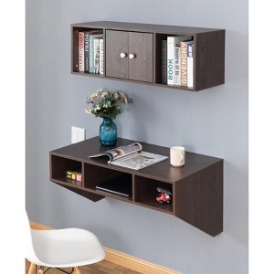 Basicwise Wall Mounted Office Computer Desk and Floating Hutch Cabinet - 1 of 4