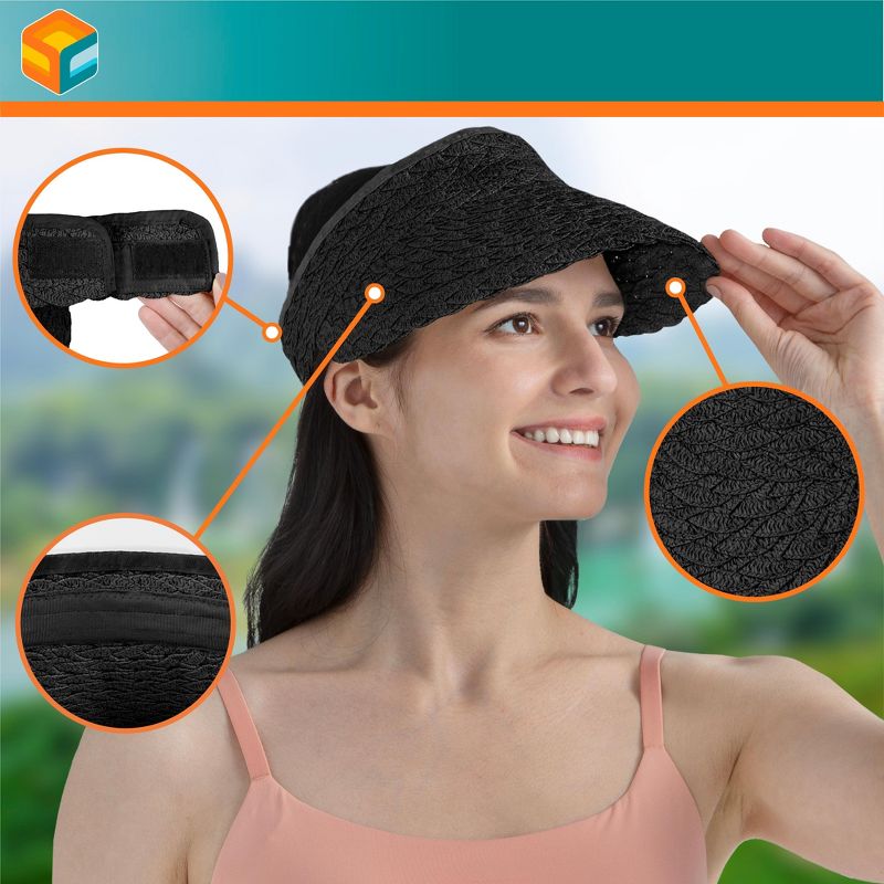 SUN CUBE Womens Sun Visor Hat, Straw Beach Hat Wide Brim UV Protection, Foldable Packable Cap, Roll Up Ponytail Summer Visor, 4 of 8