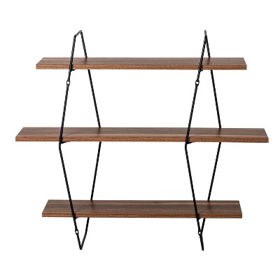 Industrial Black Steel and Wood 3-Tier Wall Shelf