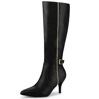 Allegra K Women's Pointy Toe Buckle Decor Side Zip Stiletto Heel Knee High Boots