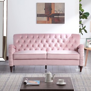 Modern Velvet Sofa Couch With Wooden Legs,Mid Century Craftsmanship Upholstered Sofa,Tufted 3-Seater Sofa With Comfy Back Cushions-Cuddlewood - 1 of 4