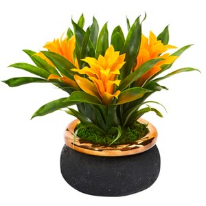 Nearly Natural 11-in Bromeliad Artificial Plant in Stoneware Planter, Yellow - 1 of 2