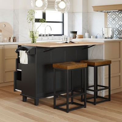 LOVMOR 50.3"Farmhouse Kitchen Island Set with Drop Leaf and 2 Seatings,White