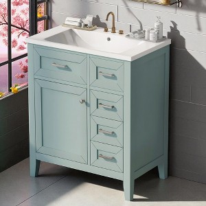 30" Bathroom Vanity with Ceramic Sink, Freestanding Cabinet with 1 Door & 3 Drawers, Solid Wood & MDF Construction - 1 of 4