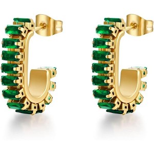 Green Crystal Huggie Gold Hoop Earrings for Women Girls,14K Gold Plated Silver Post Color Cubic Zirconia Dainty Cute Earrings| CZ Stud Earring - 1 of 4