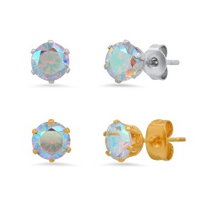 Steeltime Ladies stainless steel and 18k gold plated simulated rainbow color diamond 2pc set stud earrings - 1 of 4