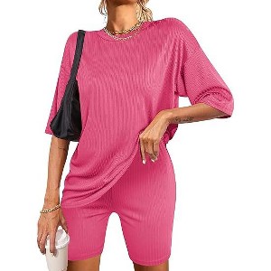 Ekouaer Pajamas 2 Piece Lounge Sets Ribbed Knit Matching Outfits T-shirt Biker Shorts Sleepwear Loungewear Sweatsuits - 1 of 4