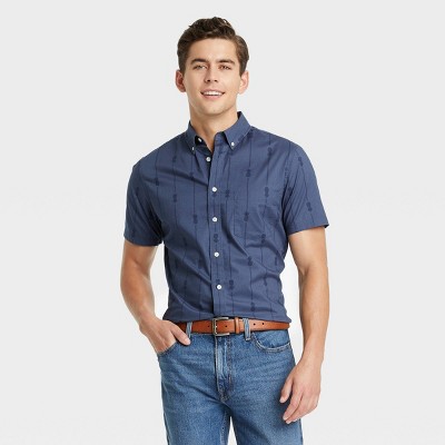 Men's Printed Slim Fit Stretch Poplin Short Sleeve Button-Down Shirt - Goodfellow & Co™ Wild Blue S