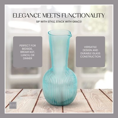 Elle Decor Blue Ribbed Glass Carafe for Beverages, 40 oz