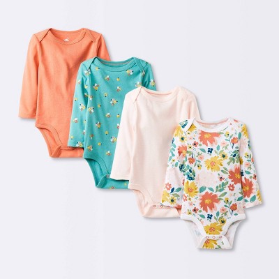 Baby Girls' 4pk Long Sleeve Bodysuit - Cloud Island™ Floral Newborn