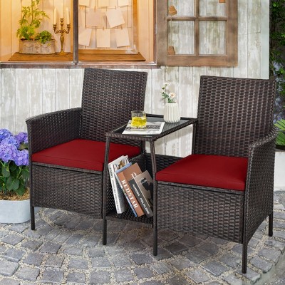 Costway Patio Rattan Wicker Conversation Set Sofa Cushioned Loveseat Glass Table Red