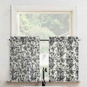 No. 918 2pc 54"x24" Elara Floral Print Semi-Sheer Rod Pocket Kitchen Curtain Tier Pair Black - 1 of 4