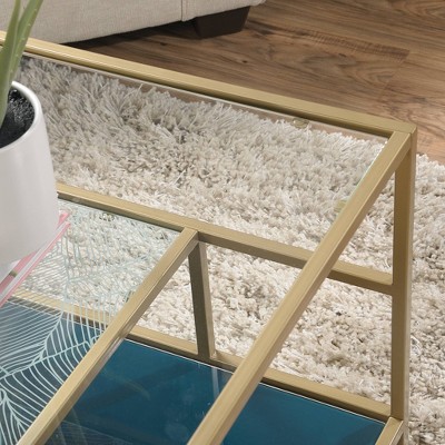 Satin Gold Square Coastal Glass Coffee Table with Abstract Shelves