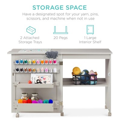 Gray Folding Sewing Table with Storage and Wheels