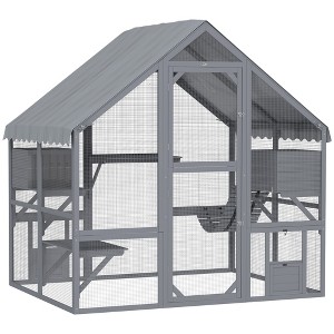 PawHut Large Catio Outdoor Cat Enclosure, Wooden Cat House for Multiple Kittens, with Waterproof Cover, Condos, Platforms, Bridge, Doors - 1 of 4