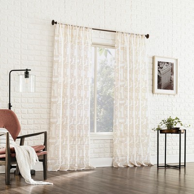 Champagne Sheer Embroidered Polyester Rod Pocket Curtain Panel, 50" x 63"