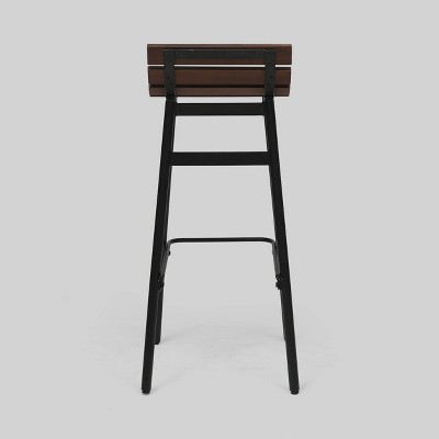 Set of 2 Dark Brown Acacia Wood and Black Metal Swivel Barstools