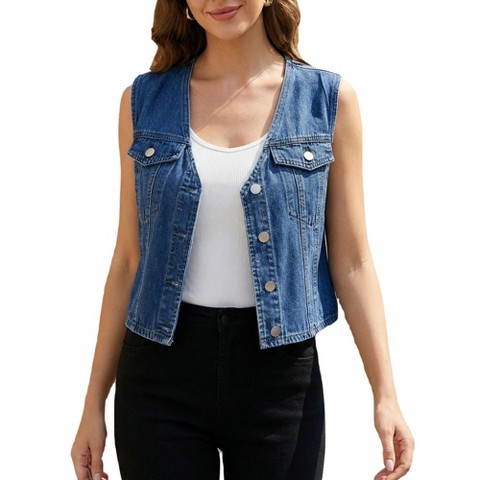 INSPIRE CHIC Women's Denim V Neck Western Button Up Sleeveless Cropped Jean Waistcoat Large Dark Blue