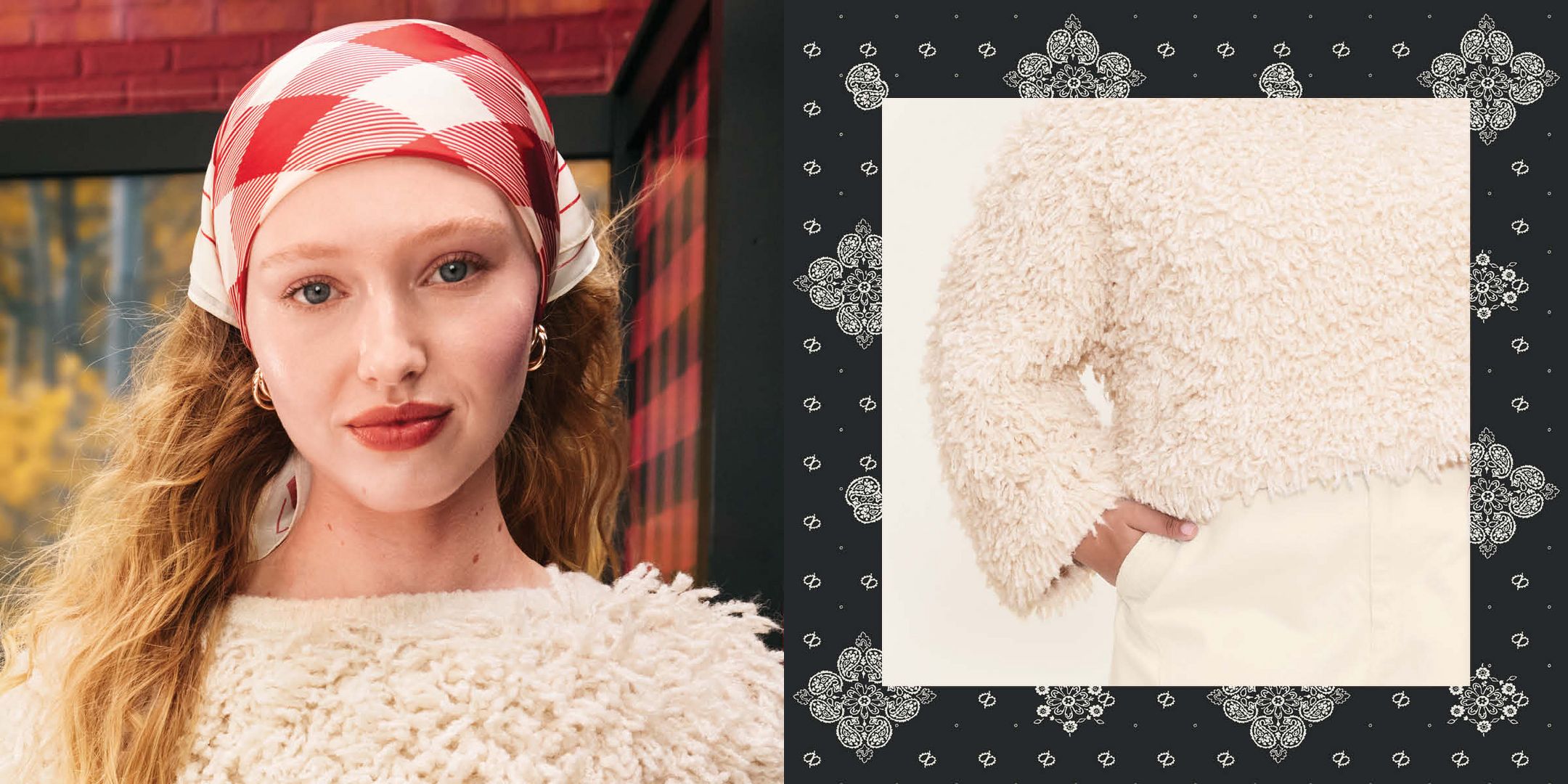 Woman in cream loopy yarn sweater with red & cream buffalo check silky bandana and cream barrel cargo pants.
