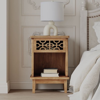JIONJOY Hand-Carved Rustic Nightstand with Drawer & Shelf