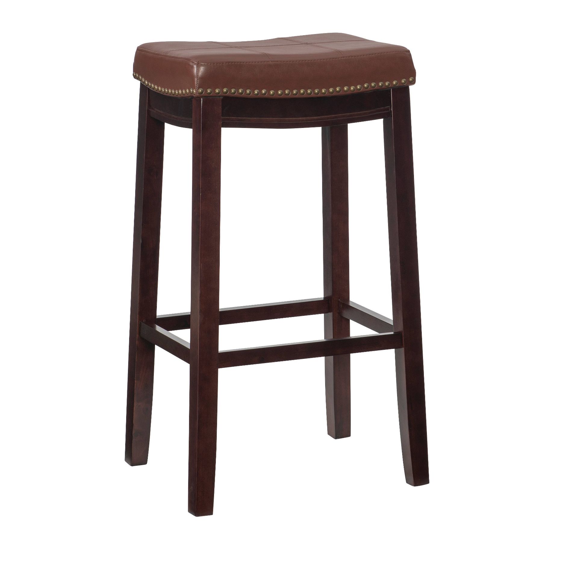 Linon Claridge Backless Faux Leather Nailhead Saddle Barstool Cognac: Rubberwood Frame, Upholstered Seat, Footrest
