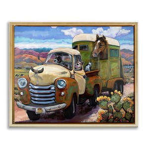 Stupell Industries Dogs Driving Vintage Rustic Truck with Horse Trolley Floating Frame Canvas Art, Gold, 31" x 25" - 1 of 4