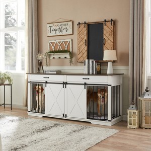 Large Dog Crate Furniture with Divider, Barn Door Design, Tabletop & Storage Drawers, Fits Dogs up to 200 lbs - 1 of 4