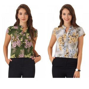 INSPIRE CHIC Women's Satin Stand Collar Work Cap Sleeve Floral Blouse 2 Packs - 1 of 4
