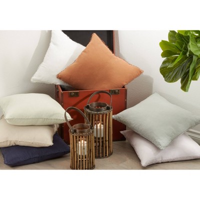 Blue-Grey Linen Square Throw Pillow with Pom-Pom Fringe