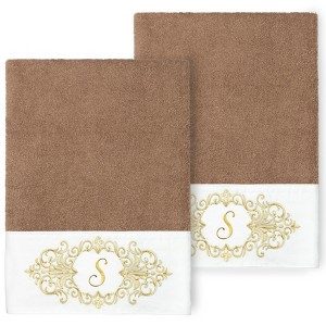 Linum Home Textiles 100% Turkish Cotton MONICA Gold Thread 2PC Embellished Bath Towel Set - 1 of 3