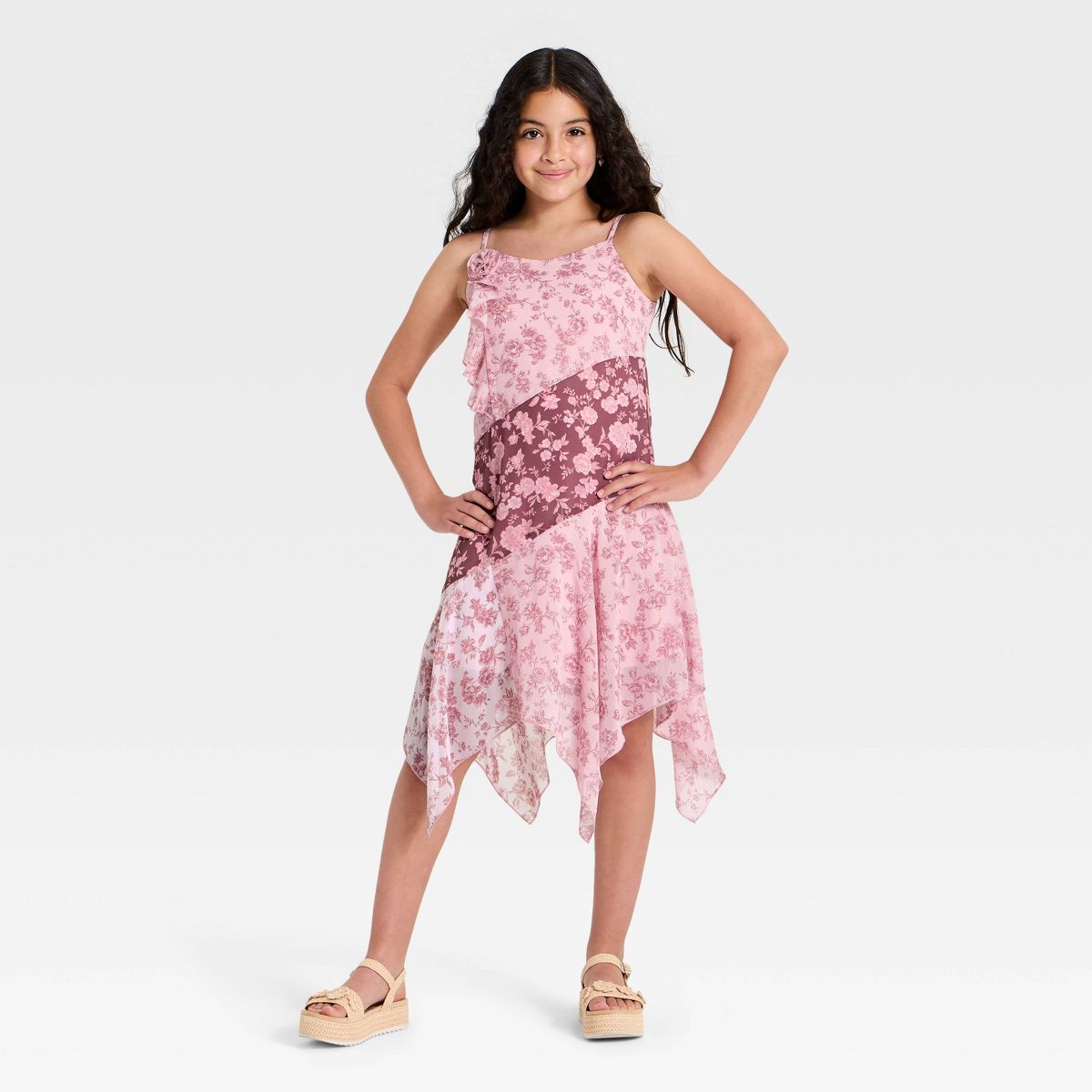 Zenzi Girls' Chiffon Floral Hanky Hem Dress - Blush