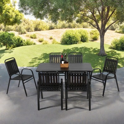 FURNIinspire Patio Dining Sets 7 Pieces Outdoor Dining Set, Plastic Chair And Steel Table, Rectangular Dining Table With 6 Arm Chairs, Black