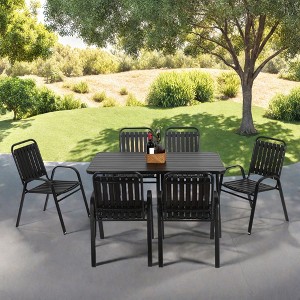 FURNIinspire Patio Dining Sets 7 Pieces Outdoor Dining Set, Plastic Chair And Steel Table, Rectangular Dining Table With 6 Arm Chairs, Black - 1 of 4